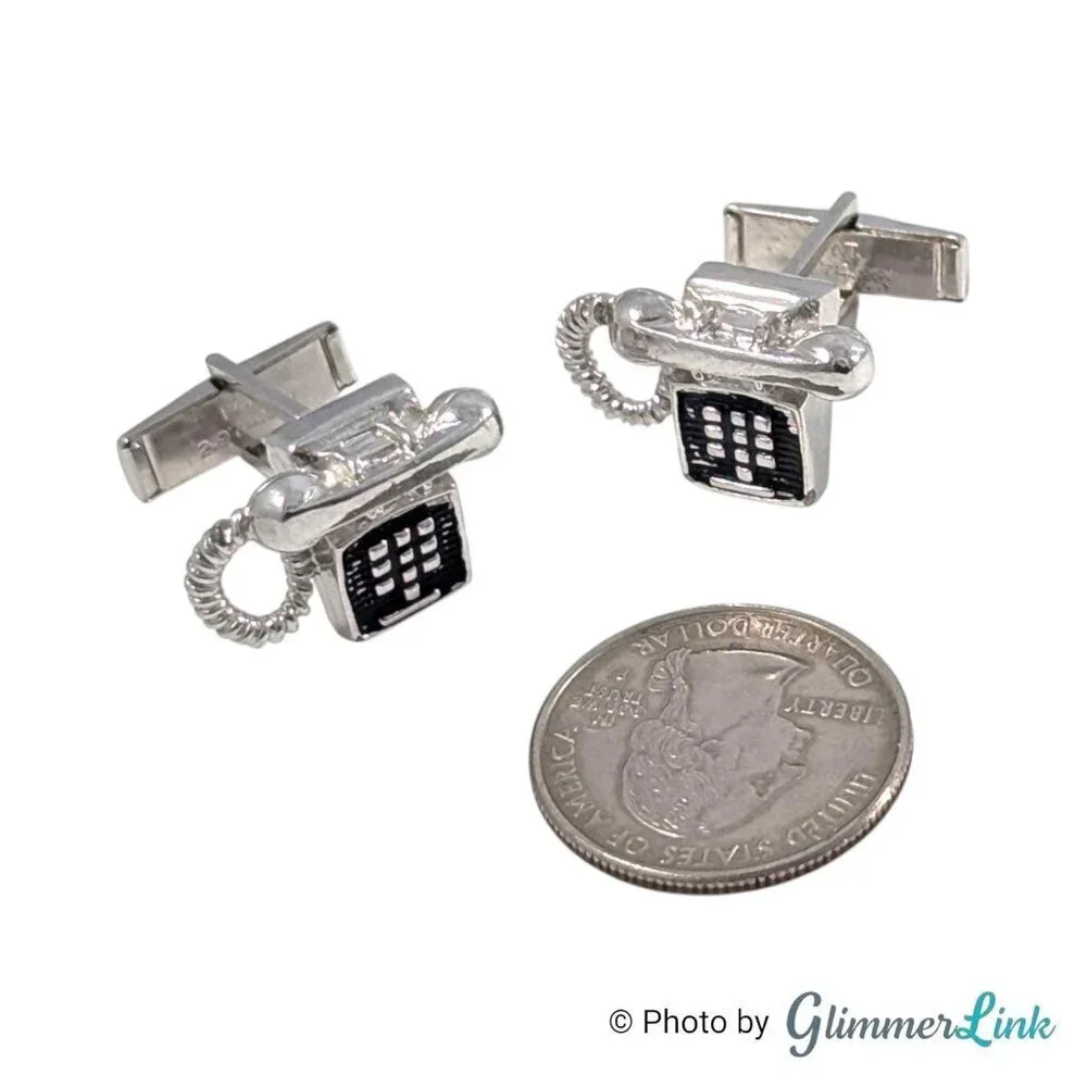 Vintage Retro Touch Tone Desk Landline Telephone Silver Tone Cufflinks